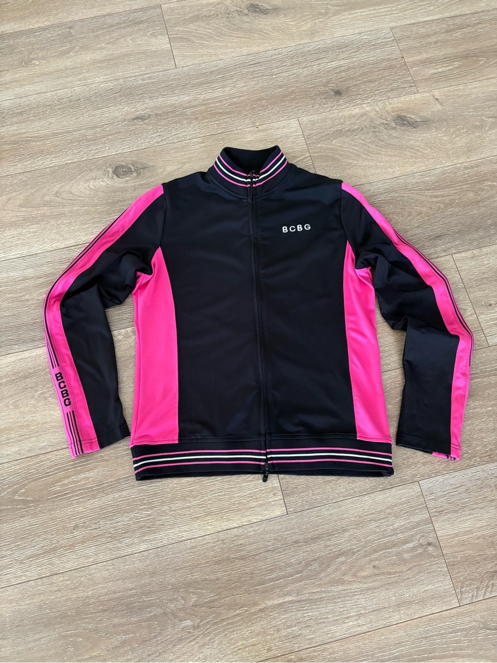 BCBG Black and Hot Pink Zip-Front Bomber Jacket - Picture 8 of 10